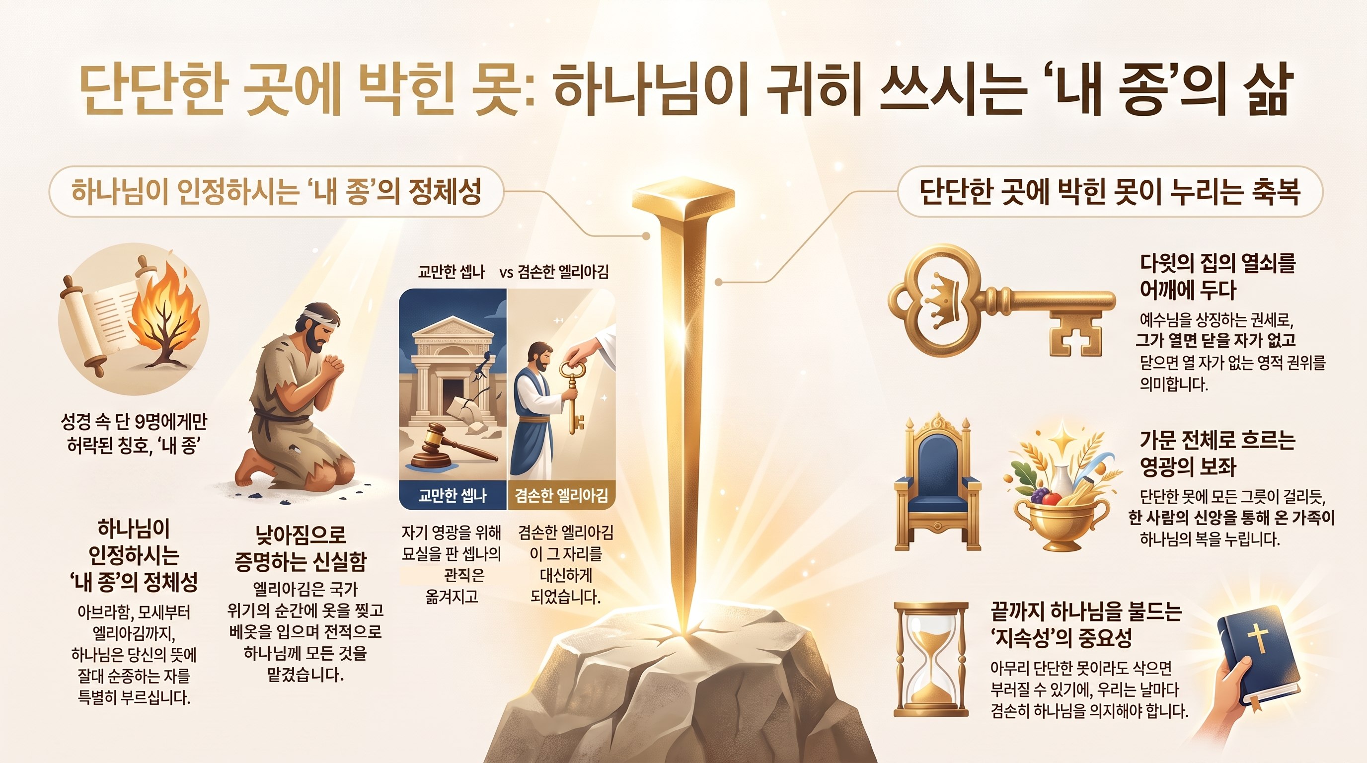 못 — 단단한 곳에 박힌 못: 하나님이 귀히 쓰시는 '내 종'의 삶 인포그래픽
