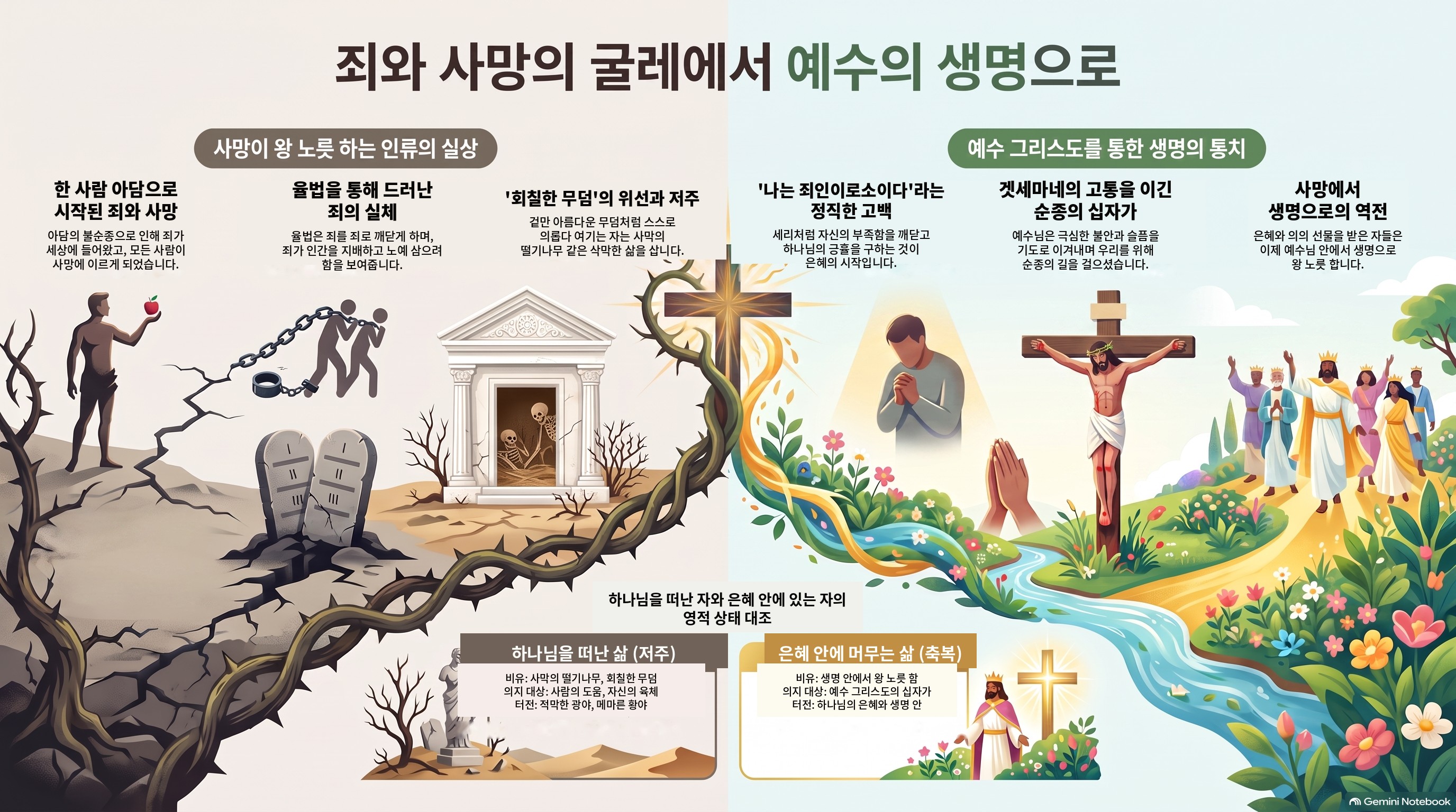 죄와 사망의 굴레에서 예수의 생명으로: 사망이 왕 노릇 하는 인류의 실상과 예수 그리스도를 통한 생명의 통치를 대조한 인포그래픽